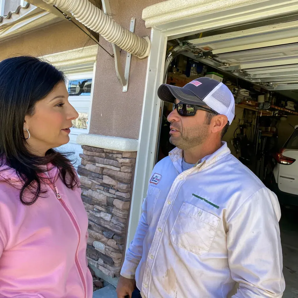 Richardson garage door technician talking a homeowner through the repair